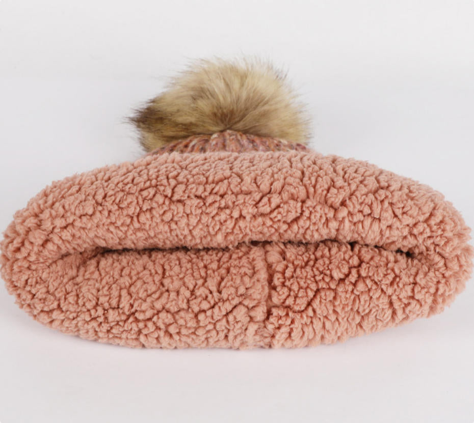 With Fleece Pompom Wool Beanie Hat