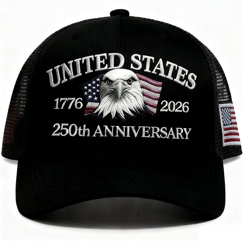 250 Anniversary USA Hat 250th Anniversary USA hat 1776-2026 Embroidery Foam Trucker Hat Black Adjustable Mesh-Back Cap