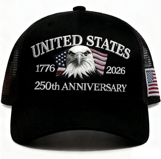 250 Anniversary USA Hat 250th Anniversary USA hat 1776-2026 Embroidery Foam Trucker Hat Black Adjustable Mesh-Back Cap